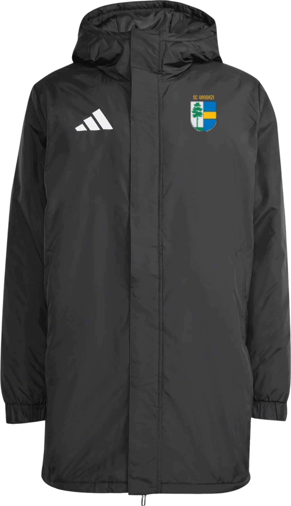 SC Vangaži melna ziemas jaka ar adidas logotipu un kluba emblēmu