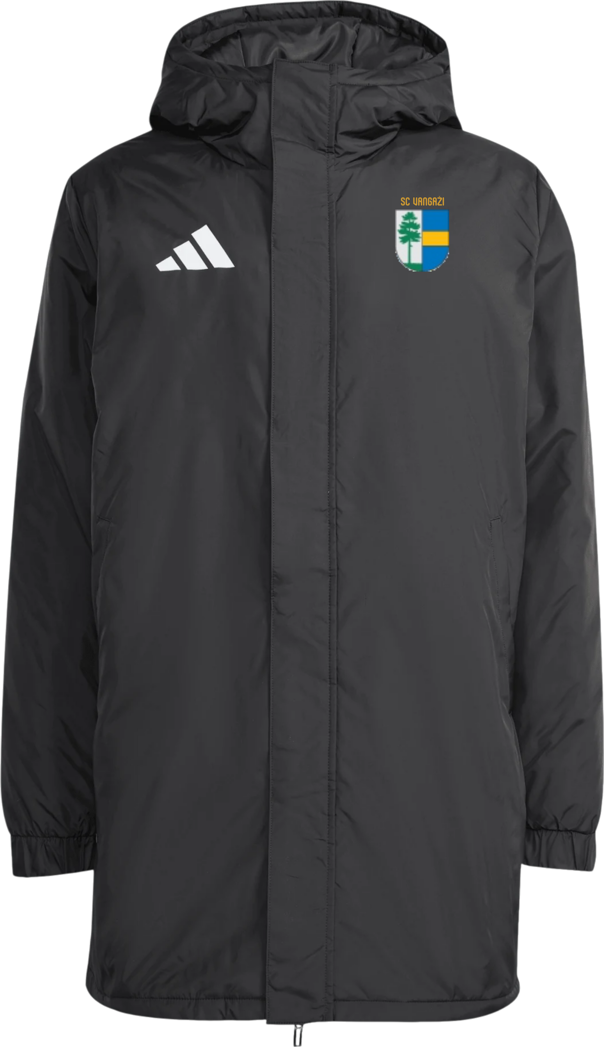 SC Vangaži melna ziemas jaka ar adidas logotipu un kluba emblēmu