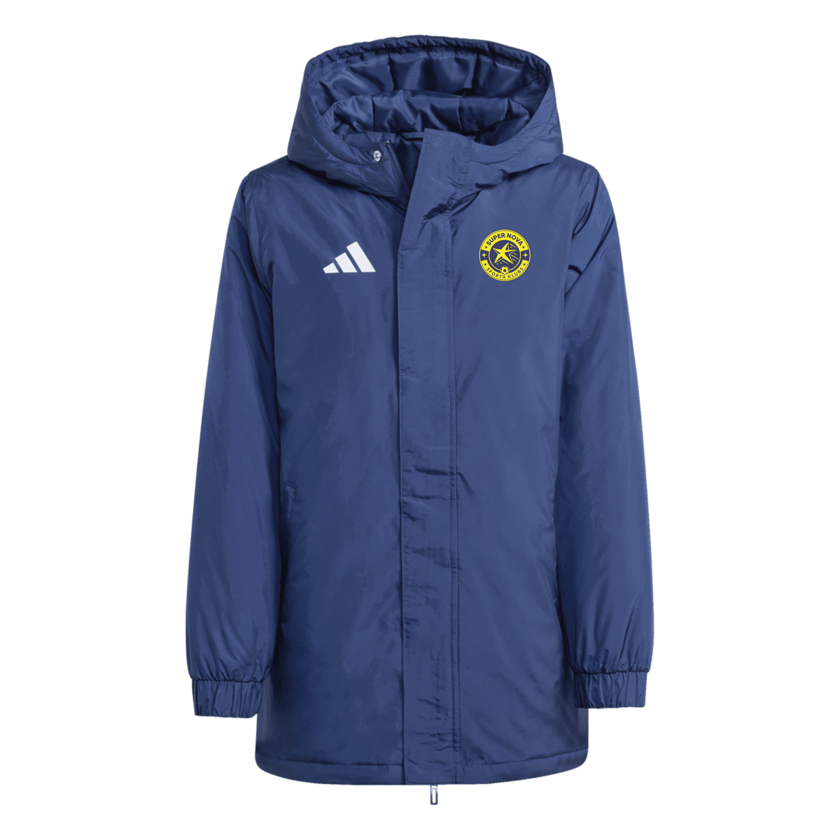 Super Nova ziemas jaka tumši zilā krāsā ar adidas un SK Super Nova emblēmām